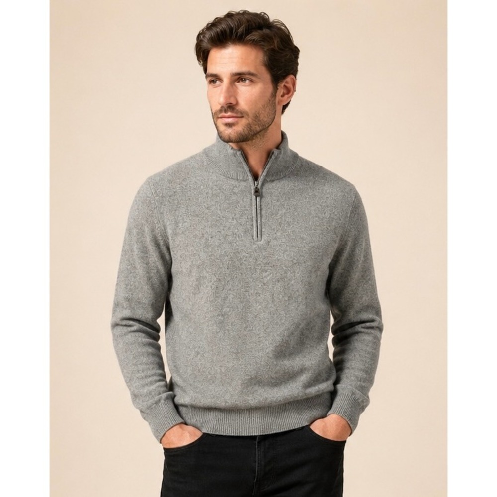 Wills Mens 100% Cashmere Quarter Zip Sweater Heather Grey Mock Neck Large